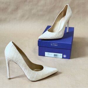 Stuart Weitzman Queen Ivory Leather Textured Cream Heels 12W